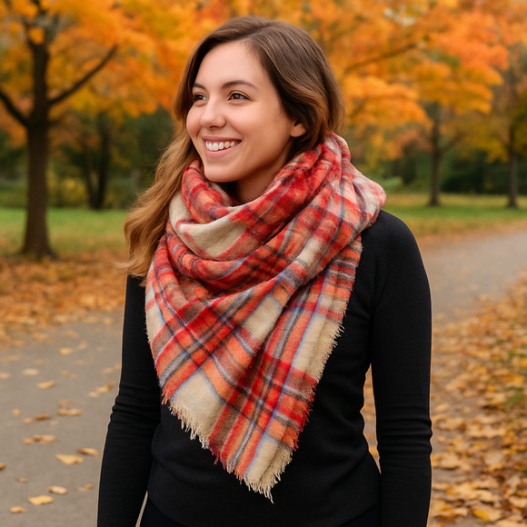 Unbranded Accessories - Red Plaid Neck Scarf | 58" Square Wrap Shawl | Fall Autumn Winter Layering Cover